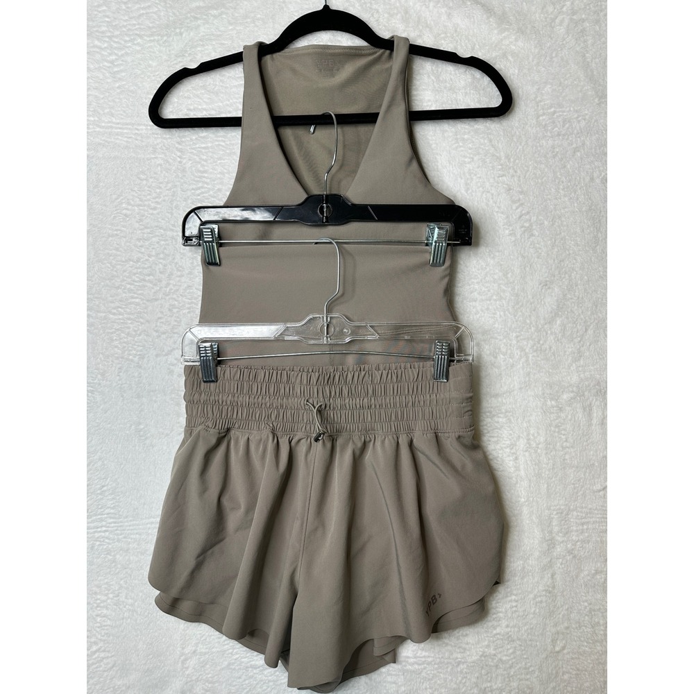 YPB Activewear Set Women Small Taupe Top Biker Shorts Running Shorts Lot of 3